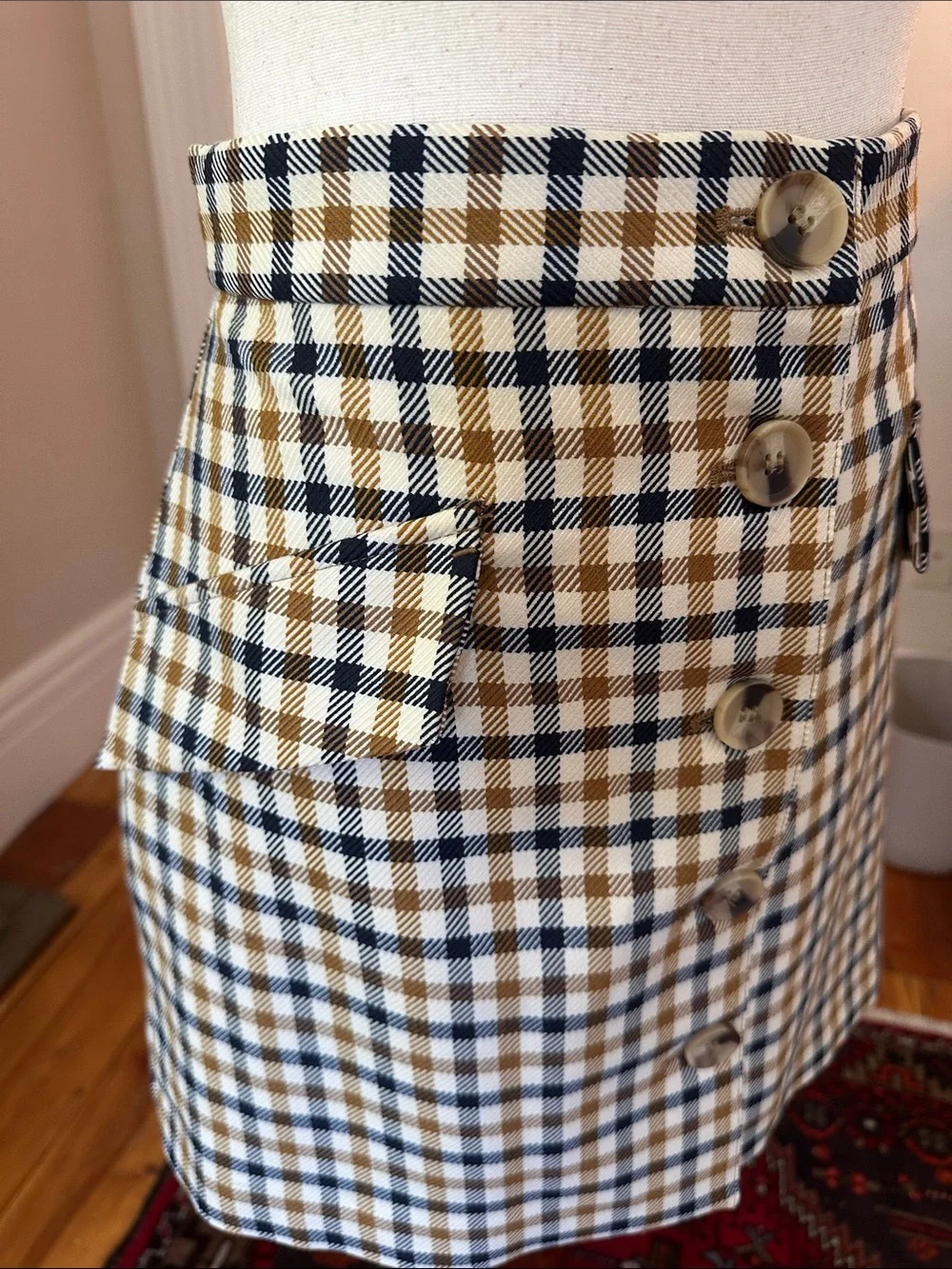 H&M Mod Button-Front Plaid Mini Skirt in Tan, Cream, and Black